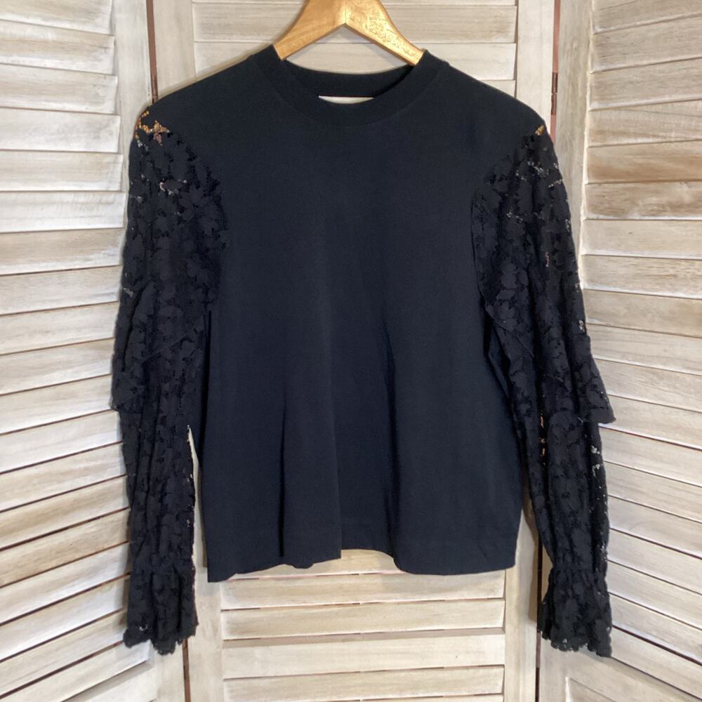 See by Chloe Cropped T Shirt Long Lace Ruffle Sleeve Black Cotton S - Picture 7 of 12
